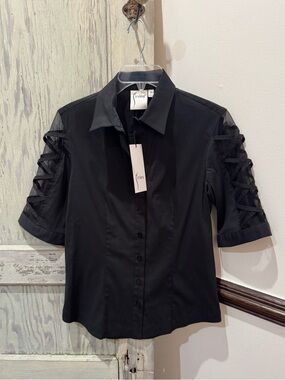 Finley Lattice Sleeve Sheer Black blouse, NWT, S $240 retail